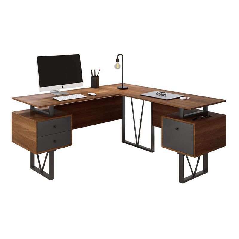 Techni Mobili Reversible L-Shape Computer Desk, Drawers and File Cabinet, Walnut