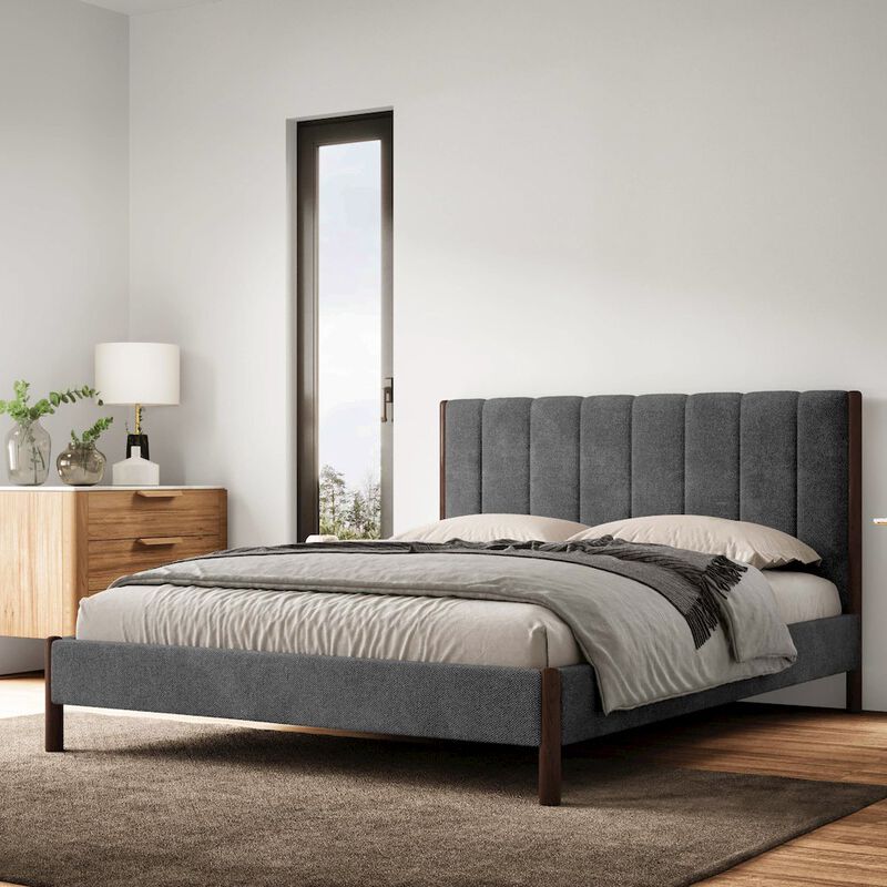 Omax Decor Exton Upholstered Platform Queen Bed in Dark Gray Fabric