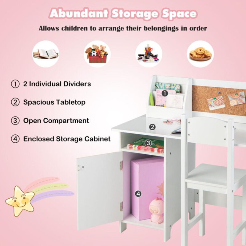 Hivvago Wooden Kids Study Desk and Chair Set with Storage Cabinet and Bulletin Board-White