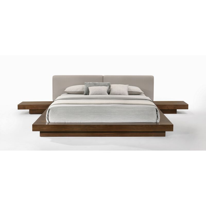 Nia Queen Size Bed, Gray Faux Leather, Walnut Brown Low Profile Platform  - Benzara