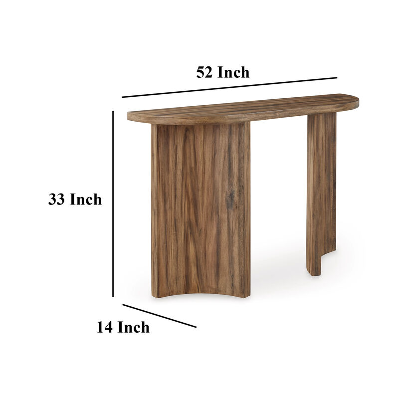 Anny Sofa Console Table, Curved Plinth Base, 52 Inch Brown Oak Wood - Benzara