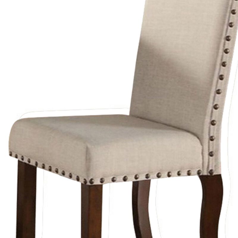 Rubber Wood Dining Chair With Nail Head Trim, Set Of 2, Brown And Cream-Benzara
