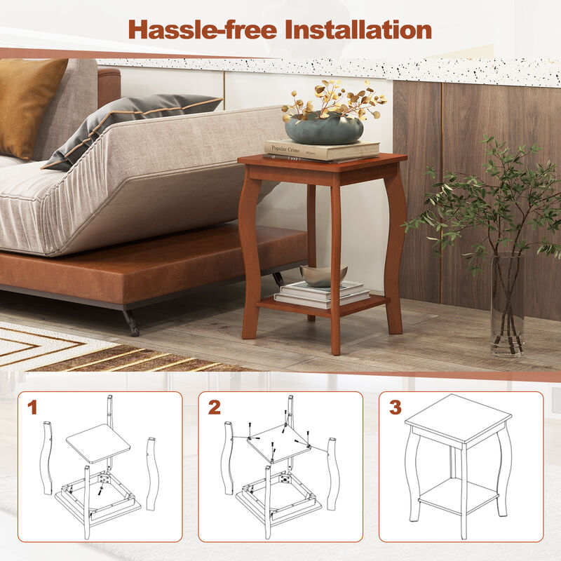 15 Inch 2-Tier Square End Table with Storage Shelf - Walnut