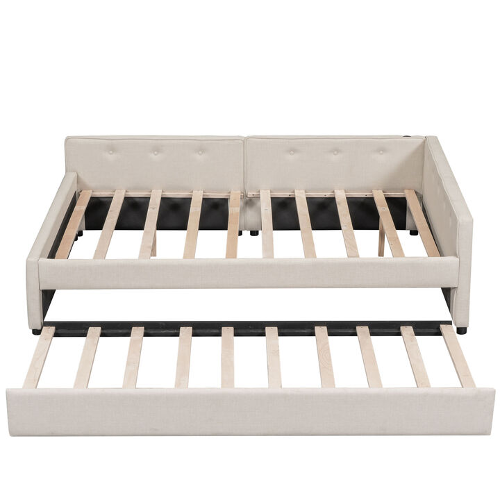 Merax Upholstered Platform Bed with USB and Trundle