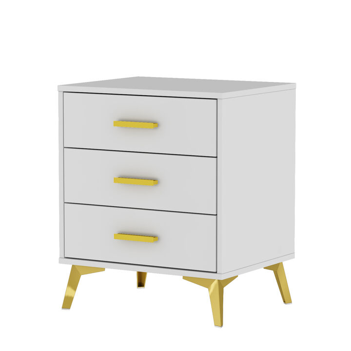 Modern Nightstand with 3 Storage Drawers & Gold Metal Legs, Minimalist and Versatile Bedside Table Sofa End Side Table, White (19.7" W x 15.7" D x 23.6" H)