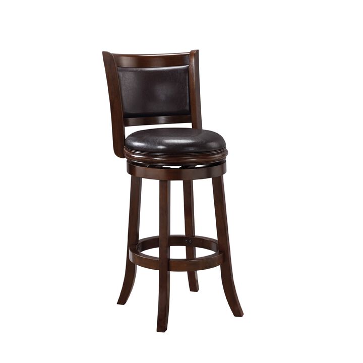 Pal 29 Inch Swivel Bar Stool, Solid Wood, Rich Faux Leather, Espresso Brown - Benzara