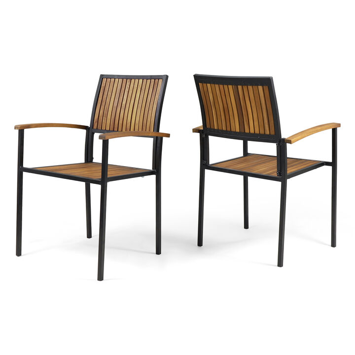 Side Dining Chair Set of 2, Outdoor Slatted Brown Acacia Wood, Black Iron - Benzara