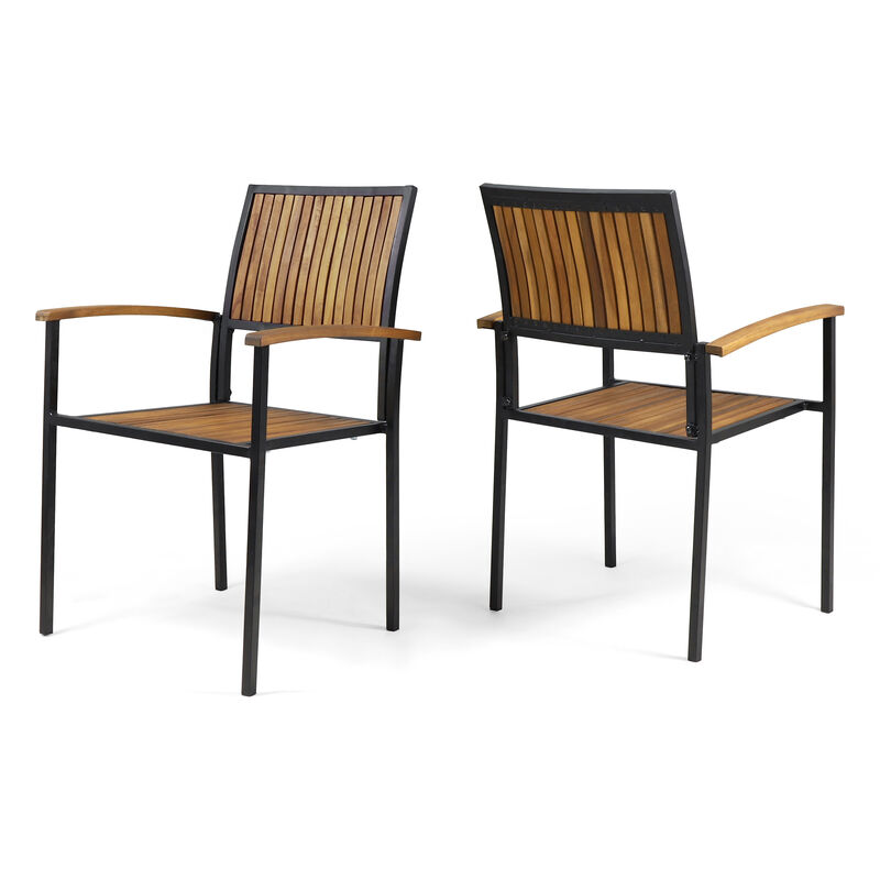 Side Dining Chair Set of 2, Outdoor Slatted Brown Acacia Wood, Black Iron - Benzara