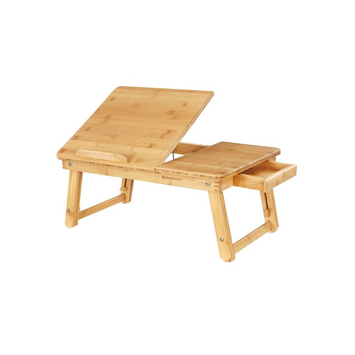 Multi-Function Lap Desk Table with Adjustable Tilting Top and Storage Drawer - Foldable Bamboo Wood Bed Tray