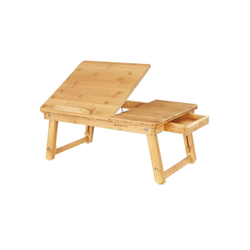 Multi-Function Lap Desk Table with Adjustable Tilting Top and Storage Drawer - Foldable Bamboo Wood Bed Tray