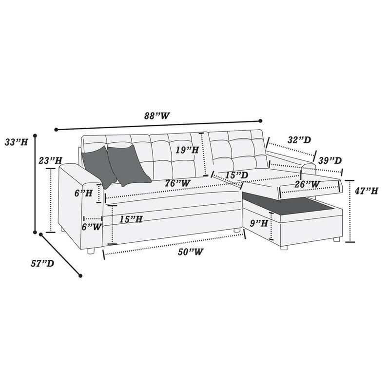 2pc Reversible L Sectional Sofa Set w Pull Out Bed, Slate Gray Fabric - Benzara