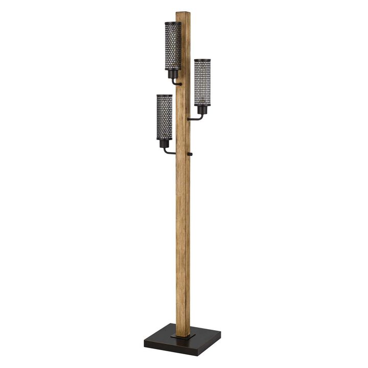 Wooden Floor Lamp with 3 Metal Mesh Shades, Brown and Black-Benzara