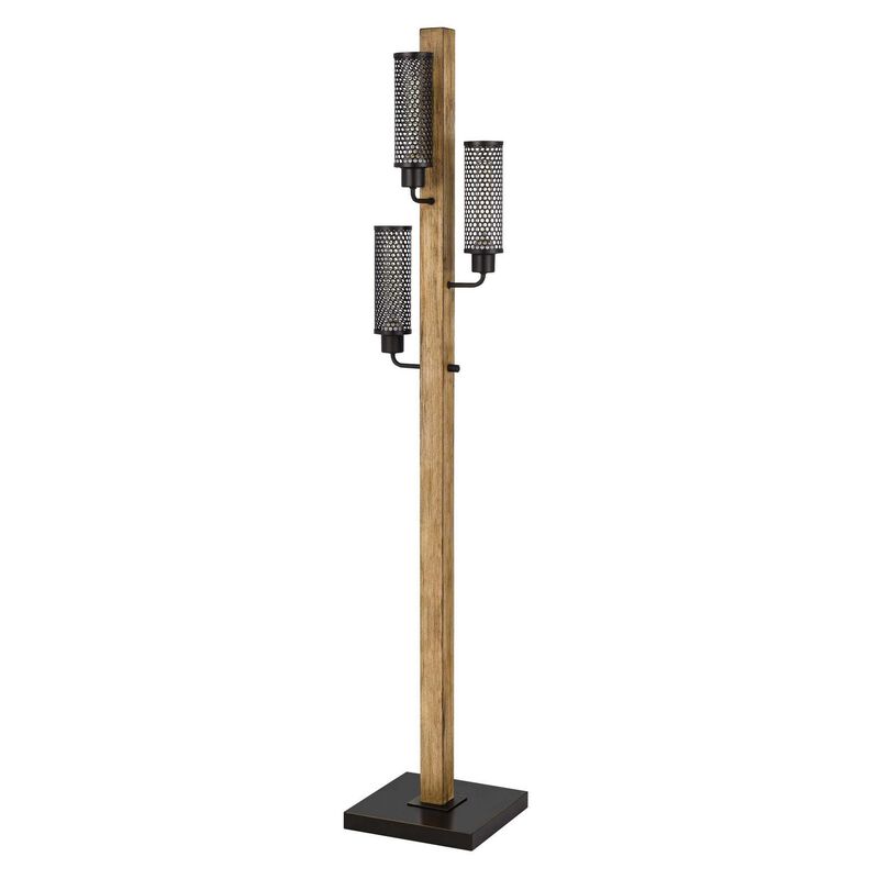 Wooden Floor Lamp with 3 Metal Mesh Shades, Brown and Black-Benzara