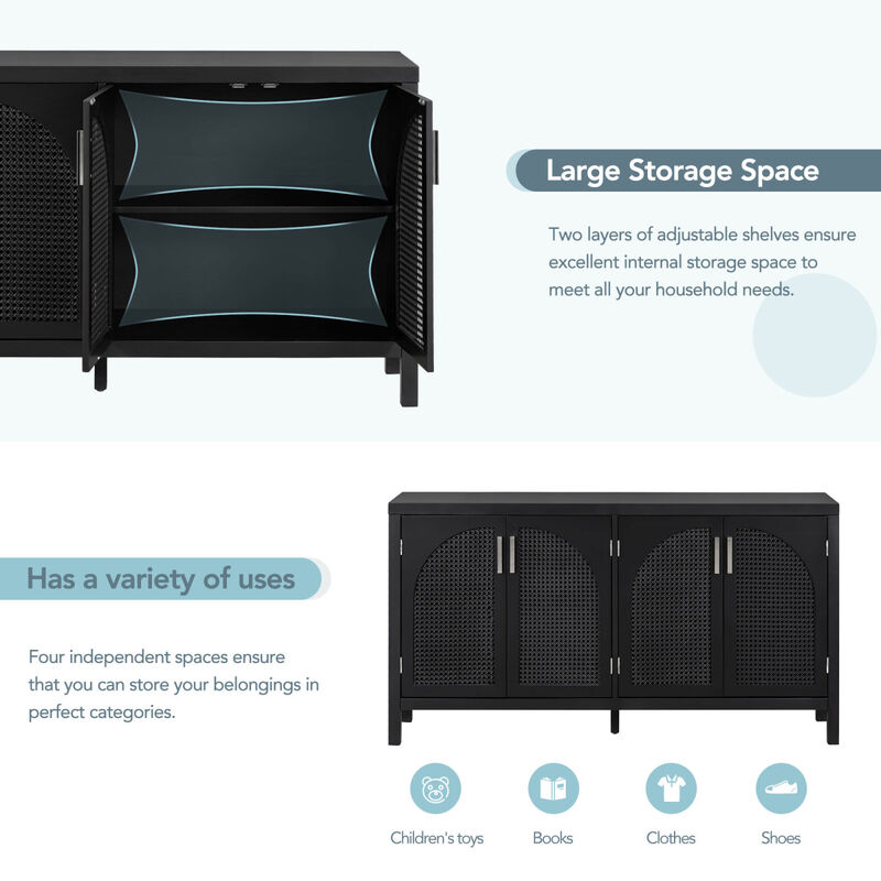Black Sideboard with Rattan Doors & Metal Handles