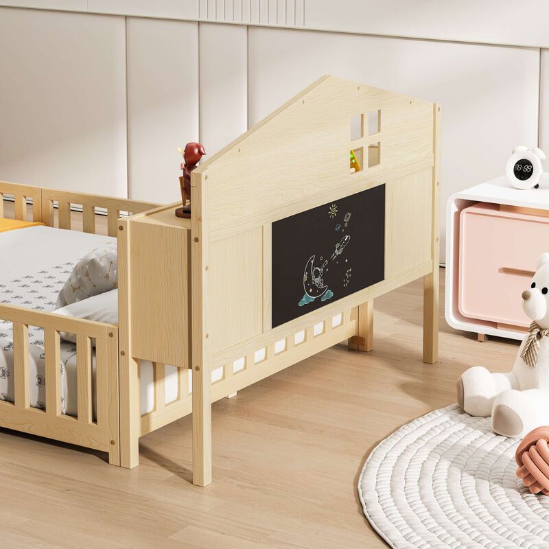 Full-size Montessori Floor Bed with Bookcases and Blackboards, Versatile Platform Beds with Guard rails, Solid Wood Floor Beds with Storage Headboards, Floor Beds for Kids and Teens