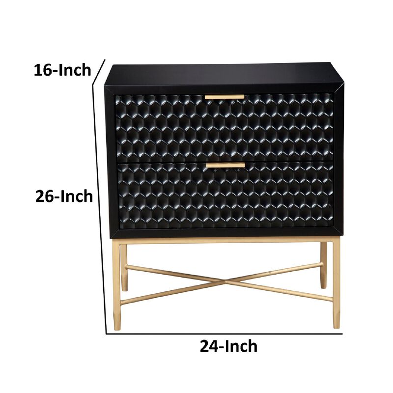 Rexi 26 Inch 2 Drawer Nightstand, Honeycomb, Mahogany Wood, Black, Gold-Benzara