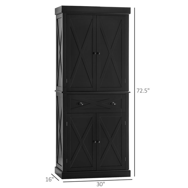 Black Kitchen Storage: 72" Pantry Cabinet with 6 Tiers & Drawer