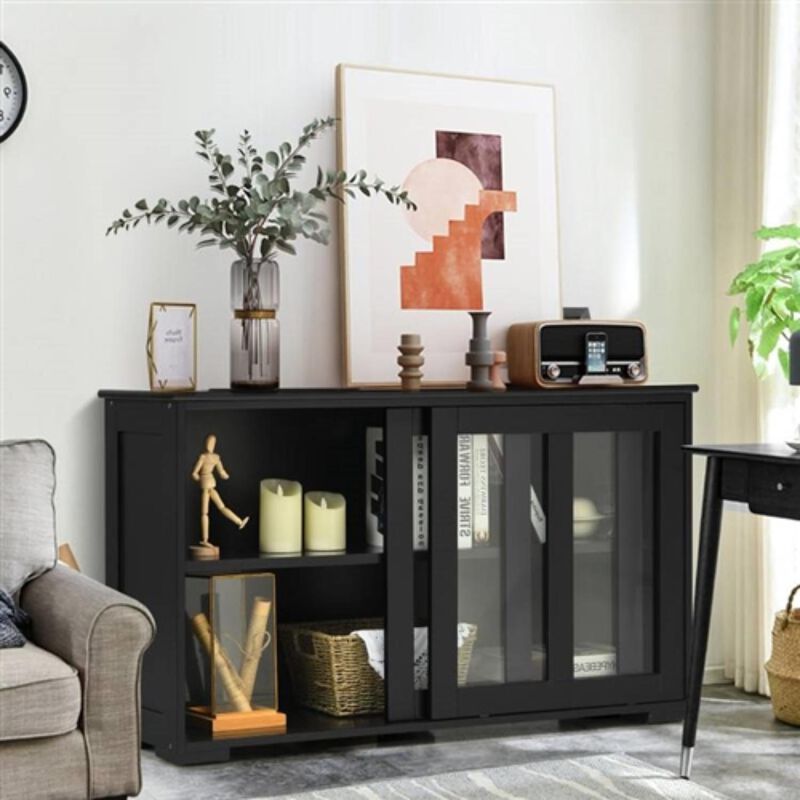 Hivvago Black Wood Buffet Kitchen Dining Sideboard Storage Cabinet w/ Glass Sliding Door
