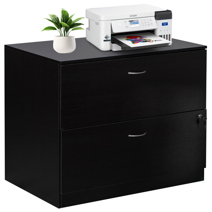 30-Inch White Wooden Lateral File Cabinet with Two Spacious Drawers, One Lockable - Suitable for Home Office, Offering Ample Space for Documents, Supplies, and Printer Stand Needs
