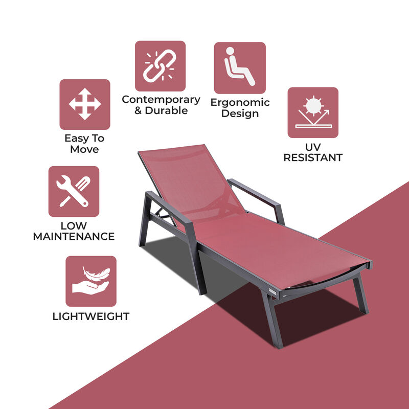 LeisureMod Marlin Patio Chaise Lounge Chair with Armrests – Black Aluminum Frame & Navy Blue Mesh for Outdoor Comfort