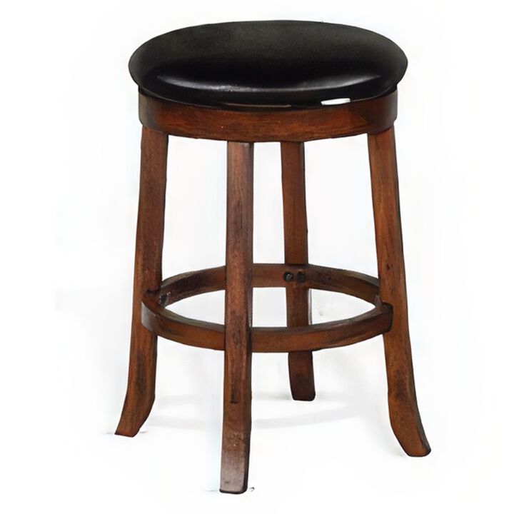 Reggie Swivel Counter Stool Set of 2, Black Faux Leather, Brown Wood - Benzara Reggie Swivel Counter Stool Set of 2, Black Faux Leather, Brown Wood - Benzara