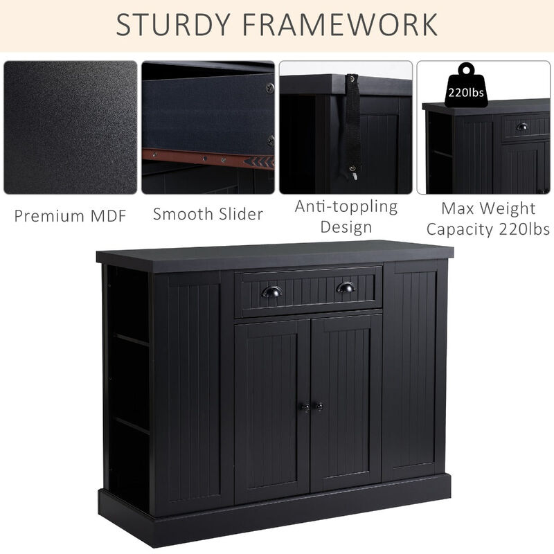 Black Fluted Feast Aid: Kitchen Island Cart with Adjustable Shelves