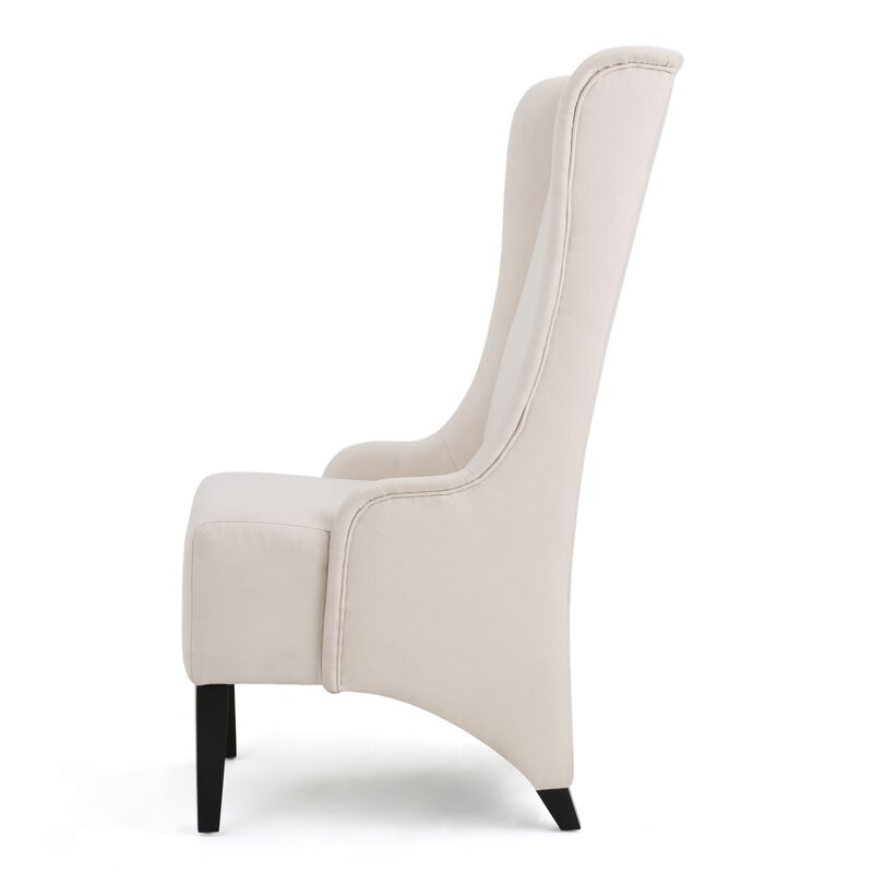 Becca Dining Chair, Beige Fabric, High Wingback, Tapered Black Legs - Benzara