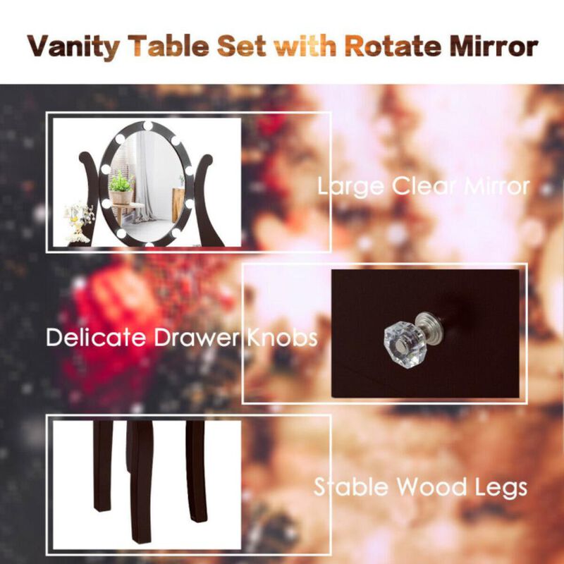 Hivvago 10 Dimmable Lights Vanity Table Set with Lighted Mirror and Cushioned Stool