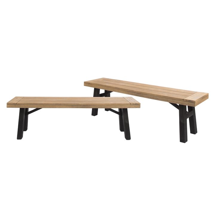 Wren Outdoor Bench Set of 2, Slat Panel, 63 Inch Brown Acacia Wood - Benzara