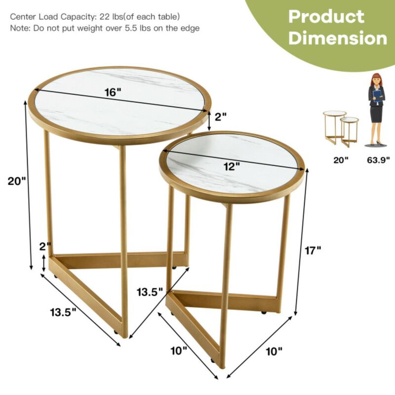 Hivvago Round Nesting Table Set of 2 with Marble-like Tabletop-White