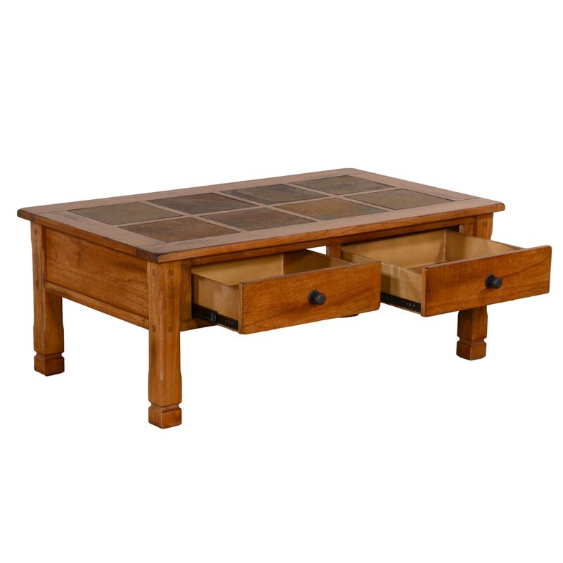 Marv Coffee Table, 2 Drawers, 49 Inch Rectangular w Brown Slate Inlay - Benzara