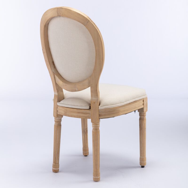 French Style Solid Wood Frame Antique Painting Linen Fabric Back Dining Chair, Set Of 2, Beige