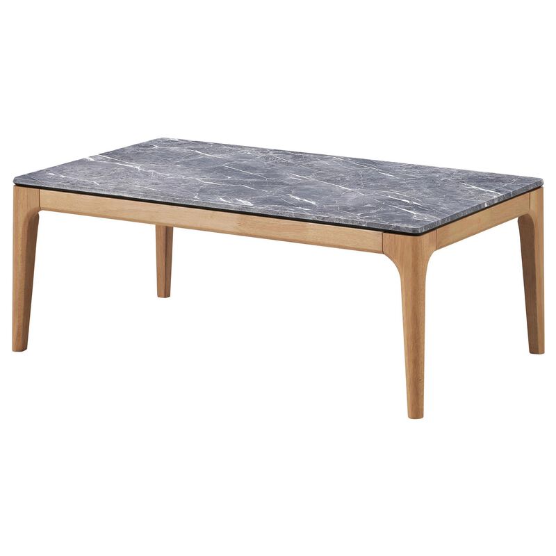 Aris Coffee Table, 47 Inch Gray Faux Marble, Rectangular Brown Wood - Benzara