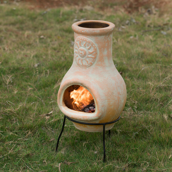 Beige Outdoor Clay Chimney Outdoor Fireplace Sun Design Charcoal Burning Fire Pit with Sturdy Metal Stand, Barbecue, Cocktail Party, Family Gathering, Cozy Nights Fire Pit