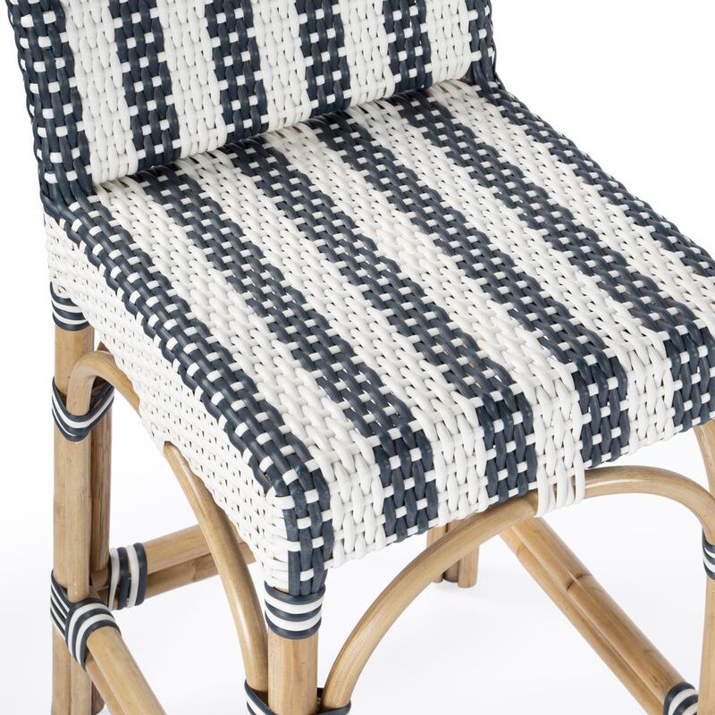 Butler Specialty Rectangular Rattan Low Back 24.5Counter Stool, White and Navy Stripe