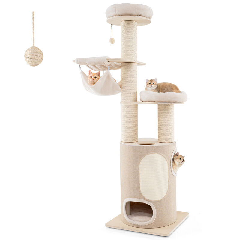 Tall Wooden Cat Tower Tree with 2-Story Cat Condo and Washable Cushions