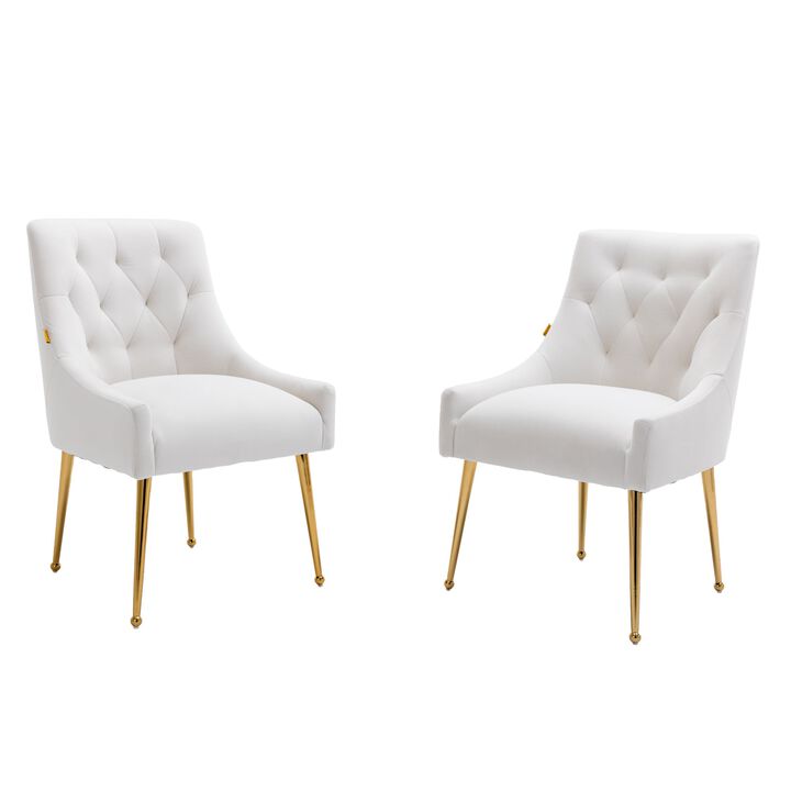 NavyBlue Tufted Velvet Golden Legs Chair with Pullg Handle Adjustable Foot Nails(Set of 2)