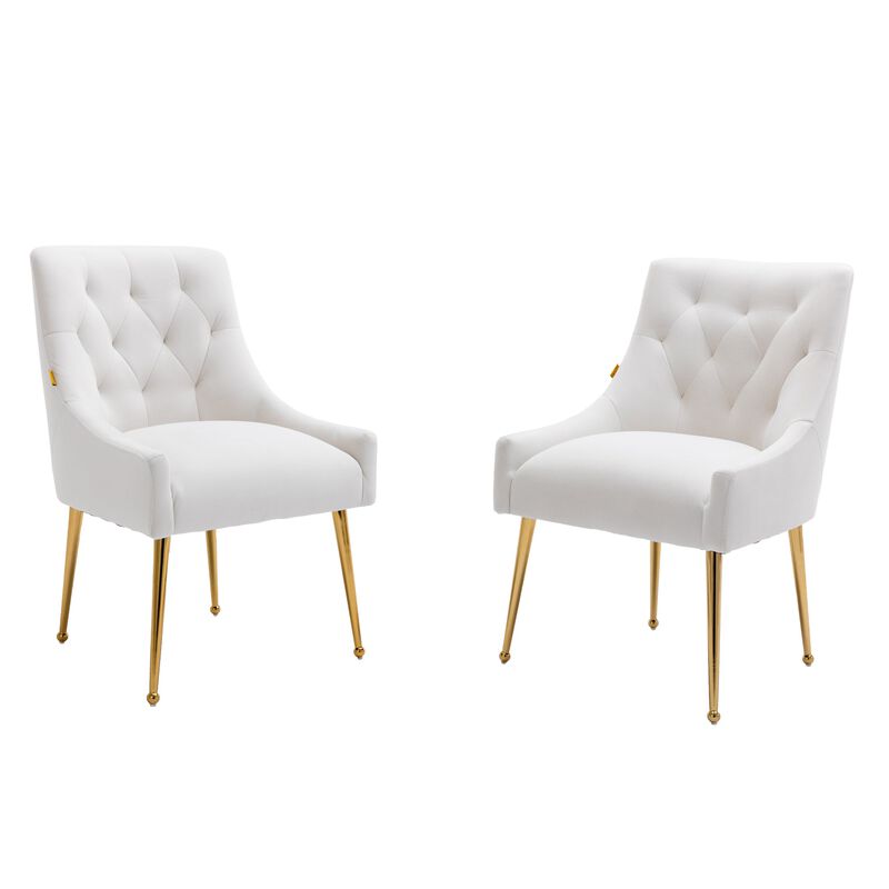 White Tufted Velvet Golden Legs Chair with Pullg Handle and Adjustable Foot Nails(Set of 2)