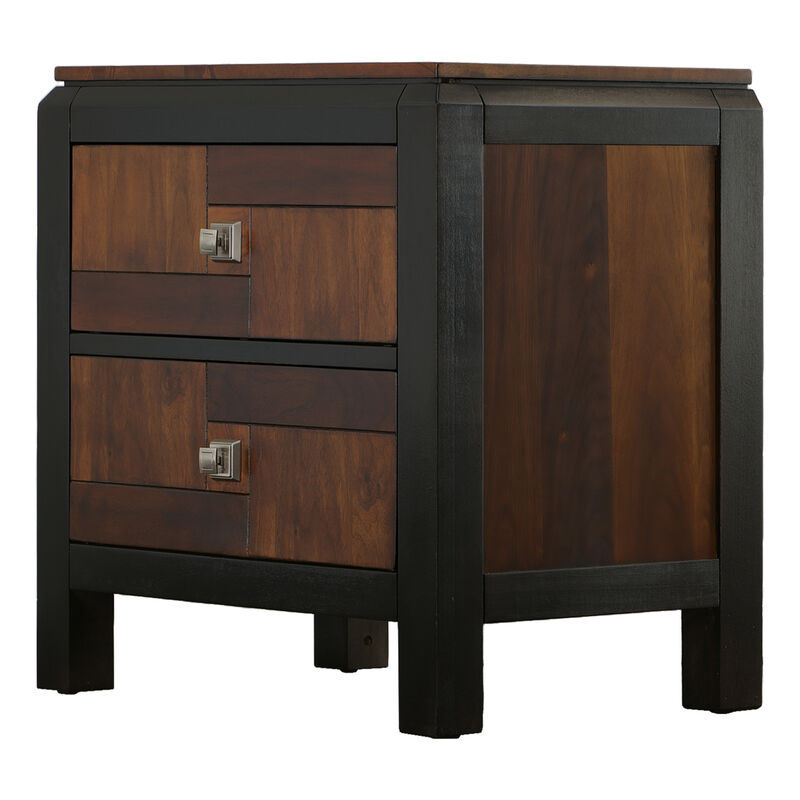 28 Inch Handcrafted Bedside Nightstand, 2 Drawers, Sleek Wood Pattern, Square Knobs, Walnut Brown-Benzara