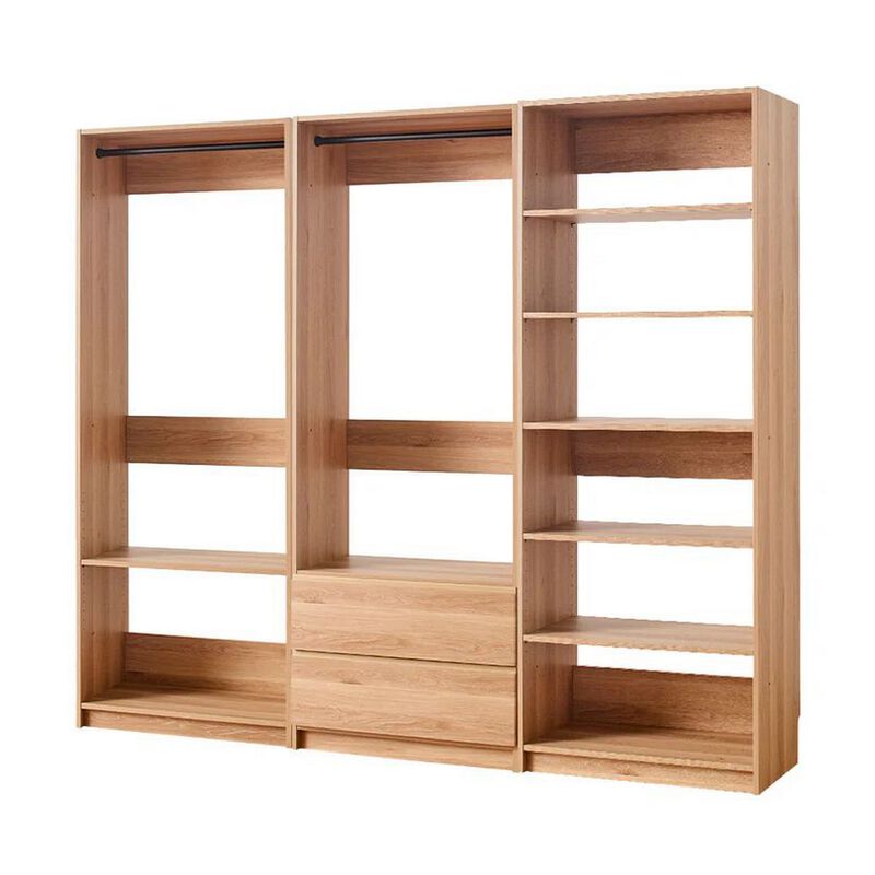 Dee Modular Closet System, 2 Clothing Racks, 2 Drawers, 6 Shelf, Brown Wood - Benzara