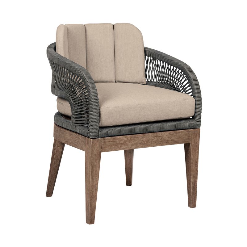 Kimi 23 Inch Outdoor Patio Dining Chair, Olefin Cushions, Gray Woven Rope - Benzara