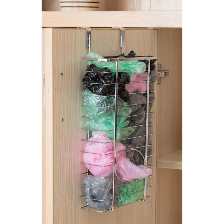 Durable Chrome Metal Grocery Bag Holder – Multi-Functional Over-the-Cabinet and Over-the-Door Organizer for Maximizing Kitchen Storage, Ideal for Neatly Storing and Recycling Plastic Bags with Ease