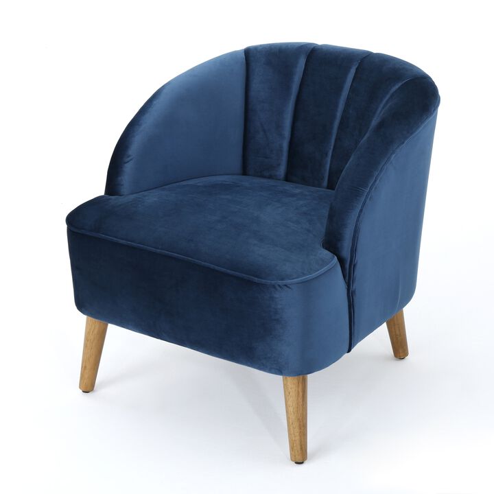 Shale Accent Chair, Navy Blue Velvet, Curved Backrest, Brown Wood Legs - Benzara