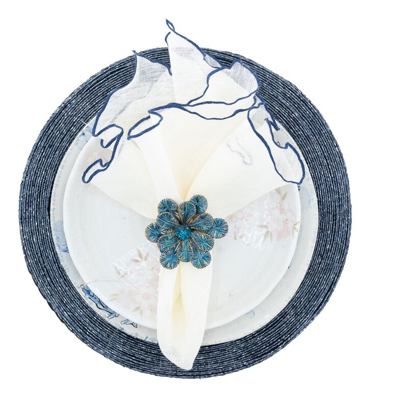 Linen Napkins With Navy Ruffled Edges, Set of 4