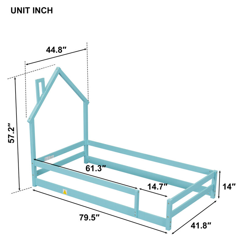 Twin Size Wood Bed With House-Shaped Headboard Floor Bed With Fences, Light Blue
