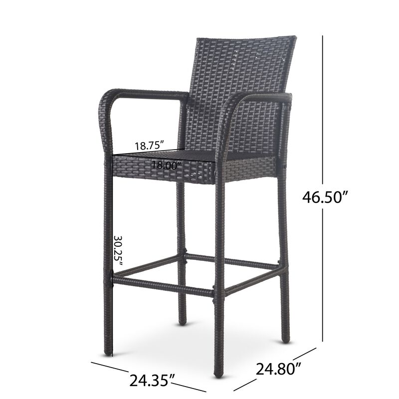 Outdoor Barstool Chair Set of 2, Gray PE Rattan Woven, Iron Frame - Benzara