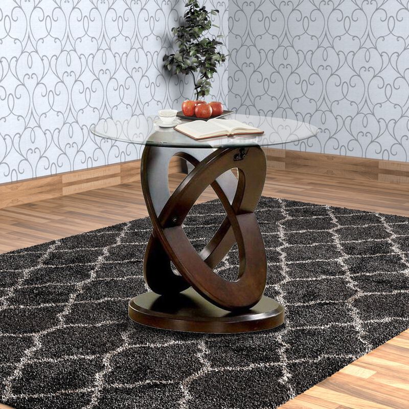 Cross Oval Base End Table with Round Glass Top, Brown and Clear-Benzara
