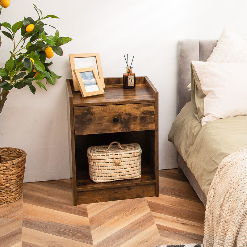 Set of 2 Nightstand with Drawer Cabinet End Side Table Raised Top