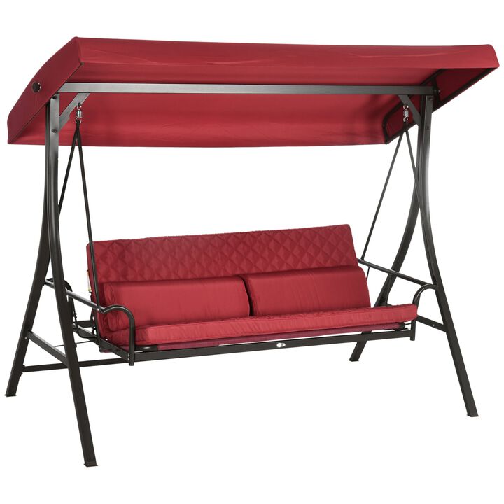 Red Outdoor Lounging: 3-Person Porch Swing Bed with Canopy & Cushions Red Outdoor Lounging: 3-Person Porch Swing Bed with Canopy & Cushions