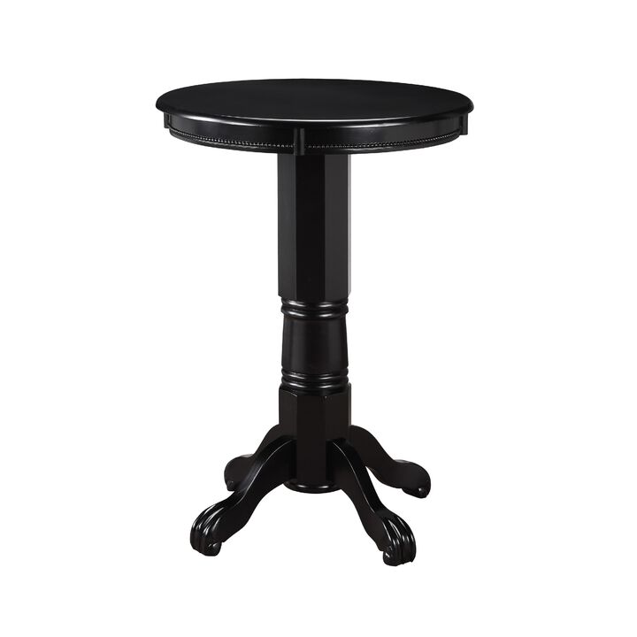 Ava 42 Inch Wood Pub Bar Table, Molded Trim, Carved Pedestal, Black-Benzara